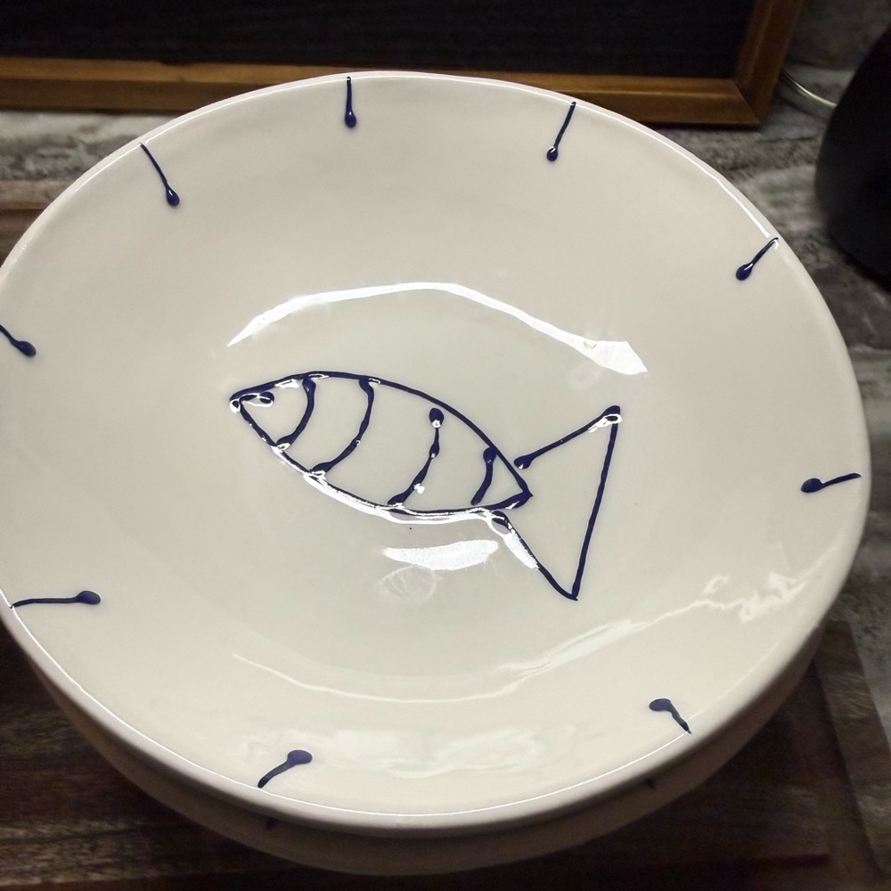 Italian-made ceramic bowls hand-painted blue fish motif Round Dishwasher Safe
